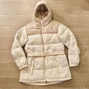 The North Face Women's Beige Cream White Puffer Belt Hood Jacket Size XS